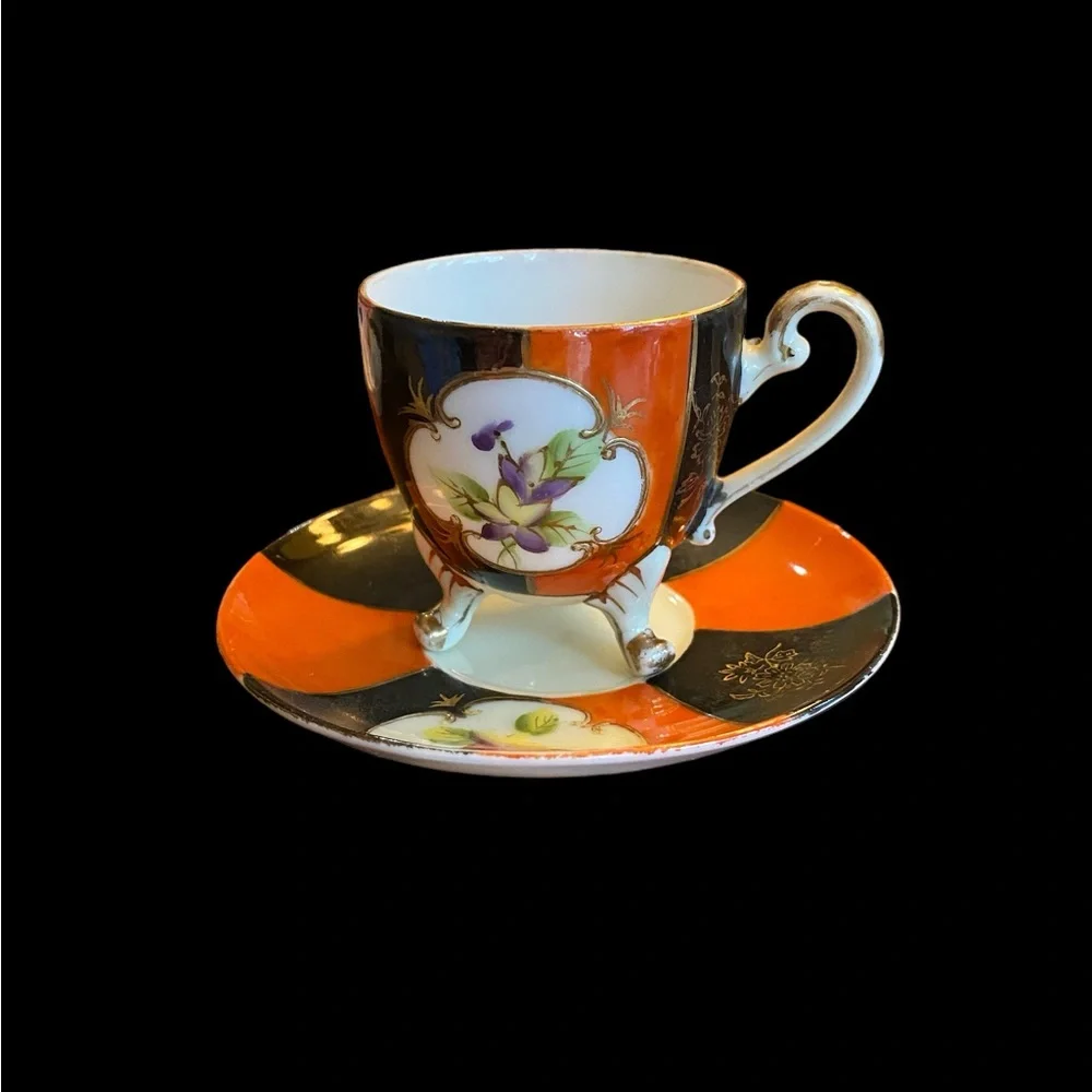 UCAGCO Vintage Footed Demitasse Cup Saucer Set Hand Painted Japan Orange Black